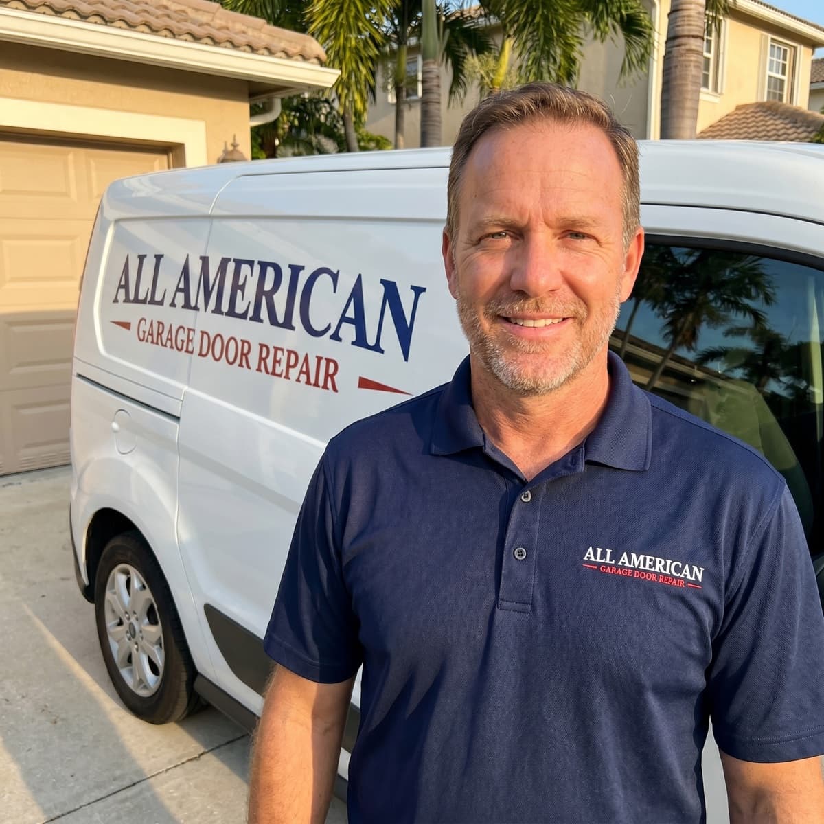 All American Garage Door Repair technician in front of company service truck โ Broward, FL